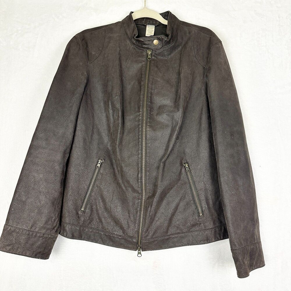 Vintage Genuine Suede Leather Jacket Size Large Brown Full Zip Stand Collar Moto